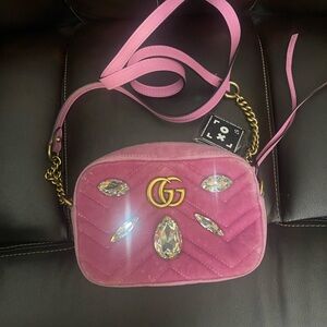Gucci Pink Velvet Marmont Mini Crossbody Bag with Gold and Crystal Details
